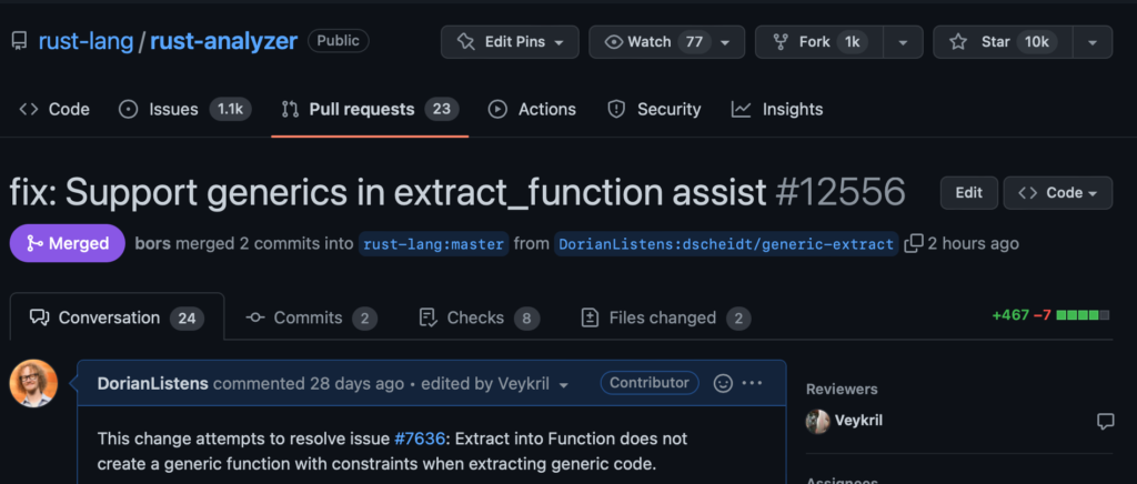 Merged! A screenshot of the GitHub UI showing the pull request as "Merged"