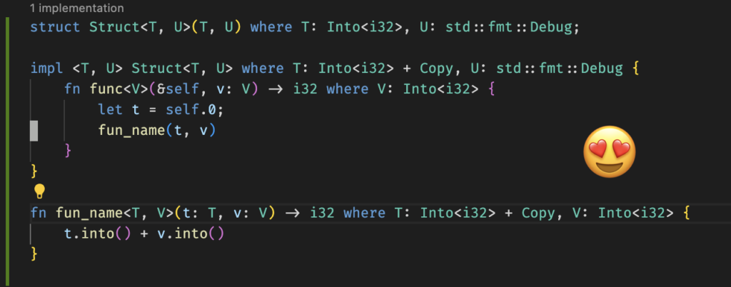 Heart Eyes! A Screenshot of VSCode after applying the Extract Function assist to generic code, this time showing the generic type parameters and where clauses properly included in the newly extracted function, with a super-imposed heart-eyes emoji