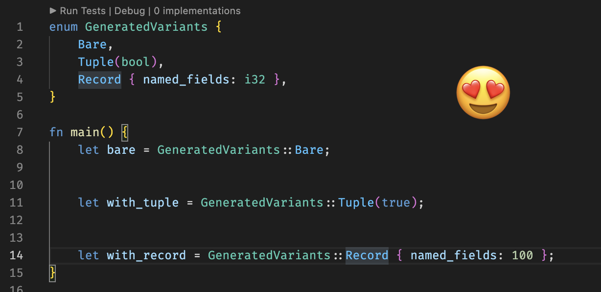 After - Heart Eyes! Using the updated "Generate Enum Variant" assist on the same code as the previous example, showing both tuple and record associated values being generated correctly. A "Heart Eyes" emoji is superimposed on the image.