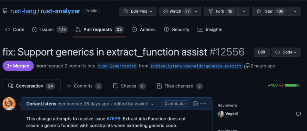 A screenshot of the GitHub UI showing the pull request as "Merged"