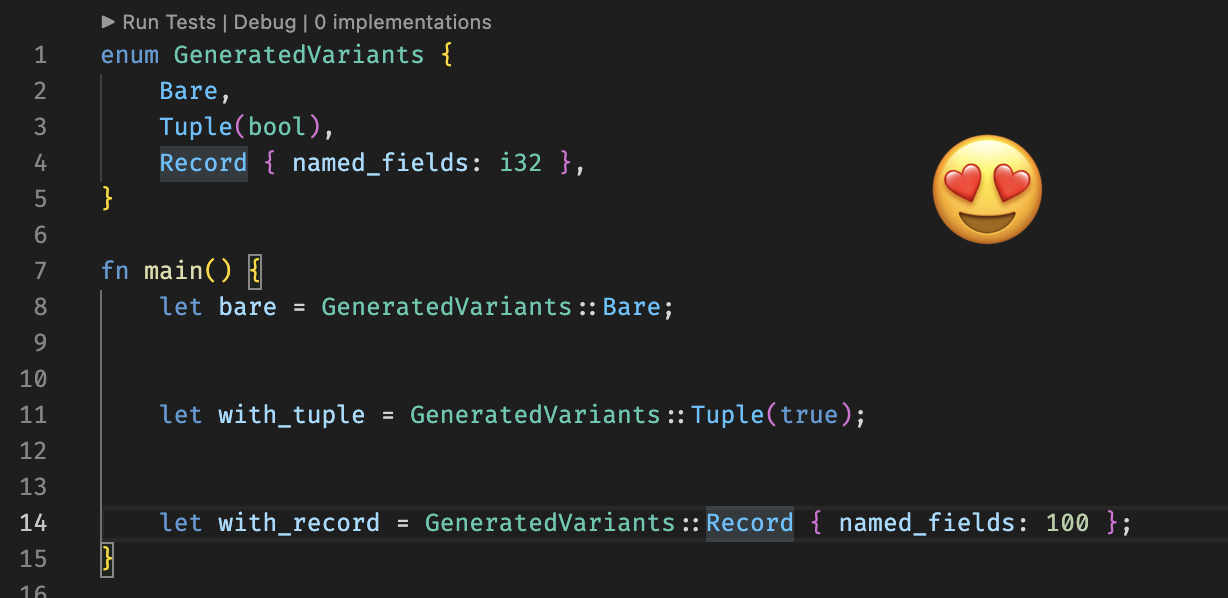 Using the updated "Generate Enum Variant" assist on the same code as the previous example, showing both tuple and record associated values being generated correctly. A "Heart Eyes" emoji is superimposed on the image.