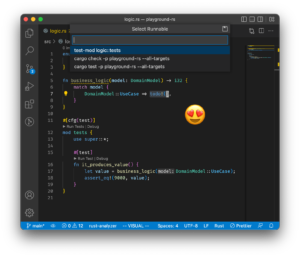 A screenshot of VSCode, with the "Run" menu open. The cursor is within the implementation of a function called "business_logic", and the run menu is showing an option to run the test module defined in the file.