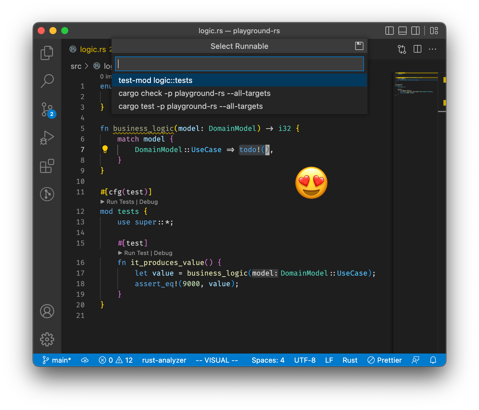 A screenshot of VSCode, with the "Run" menu open. The cursor is within the implementation of a function called "business_logic", and the run menu is showing an option to run the test module defined in the file. Success!