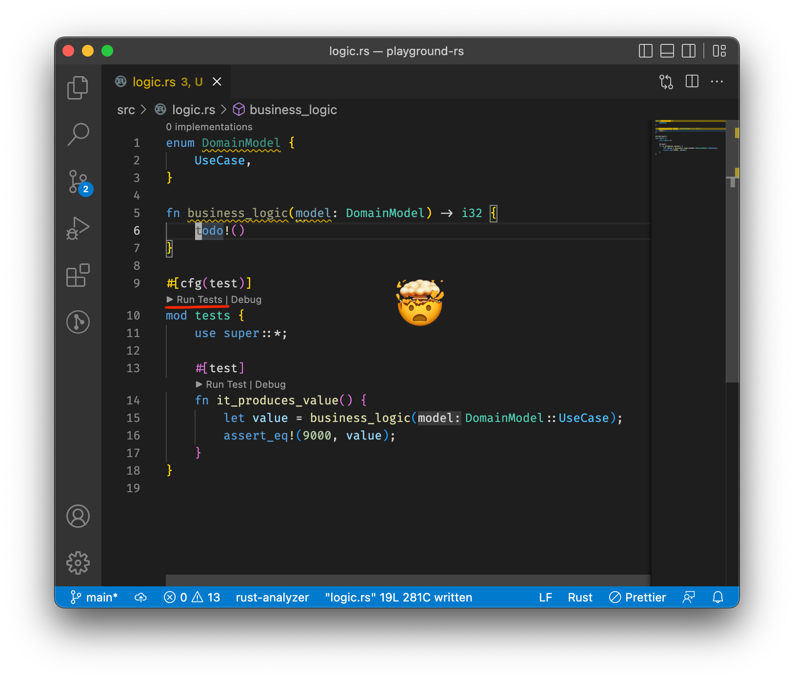 Screenshot of VSCode showing the “Run Tests” annotation on a cfg(test) module, with the cursor outside that module. The annotation is highlighted with a  red underline, and a "mind blown" emoji is superimposed on the image.