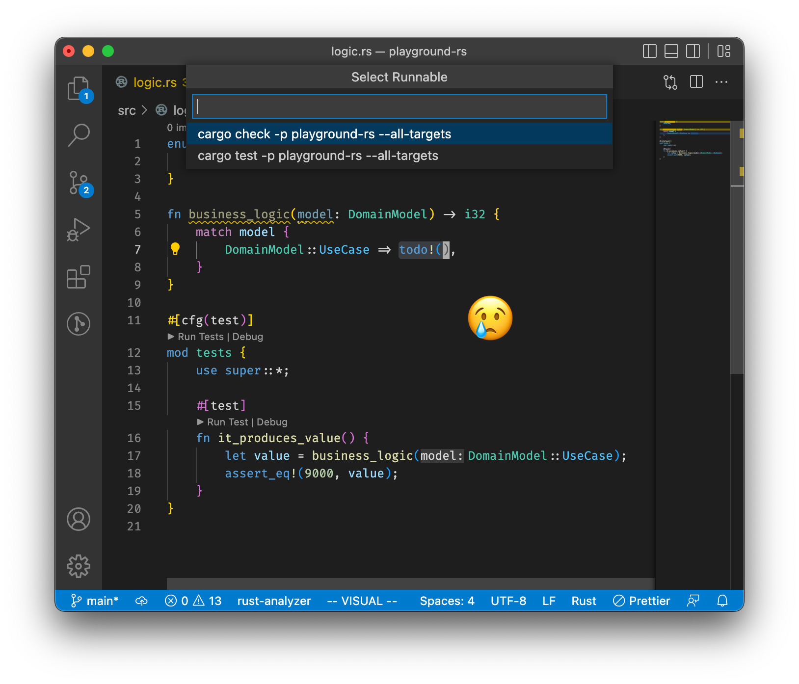 A screenshot of VSCode, with the "Run" menu open. The cursor is within the implementation of a function called "business_logic". There is a test module defined in the file, but the run menu is not showing an option to run it. There is a sad face emoji superimposed on the image.